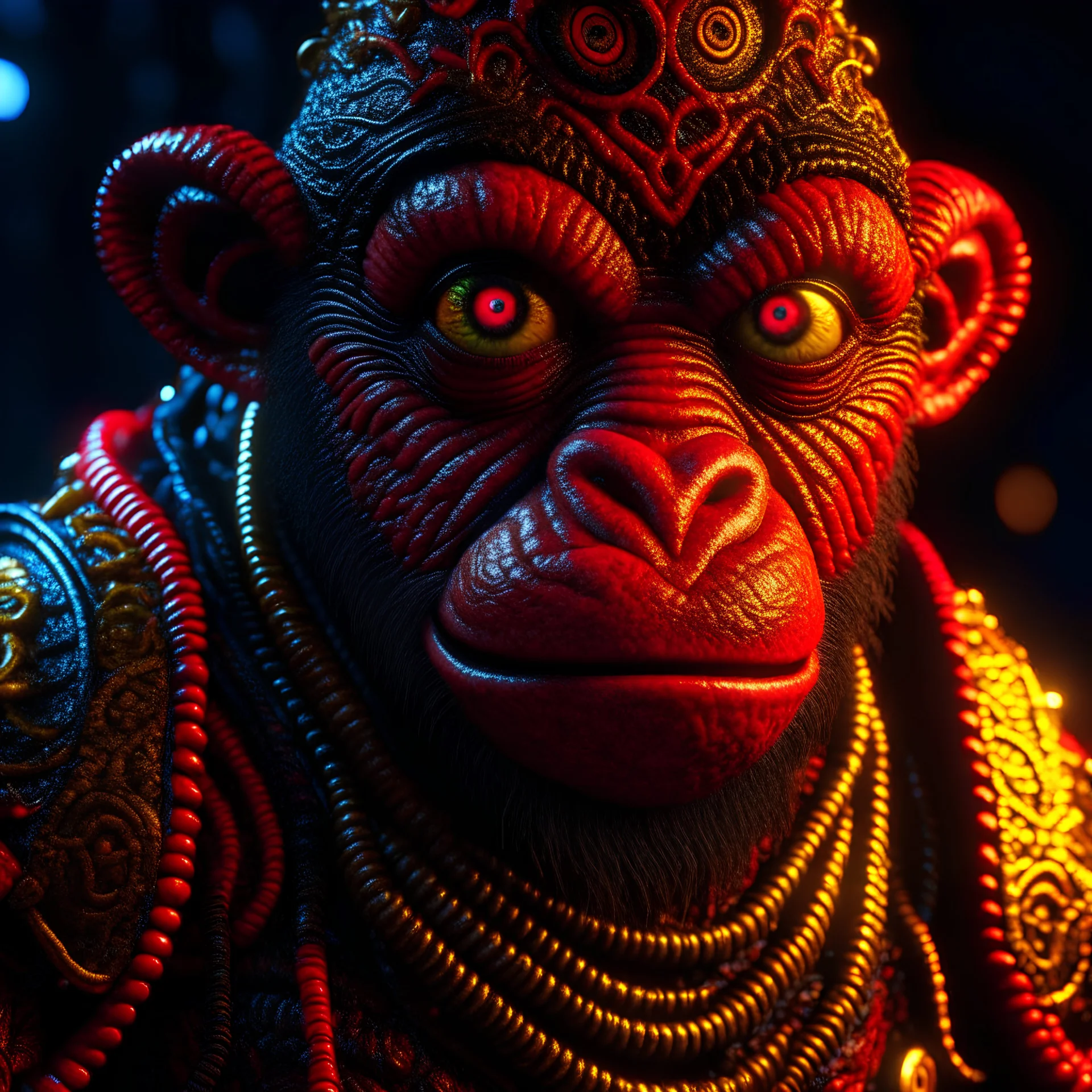 3D UHD sinister darkness monkey ninja turning into a monster H.R. Gige, Ismail Inceoglu, 8k resolution trending on Artstation Unreal Engine 5, ultra detailed, ultra quality, CGSociety, Klimt;Erwin Olaf; Zdzisław Beksiński; cyan, red, amber;photograph, cinematic, ornate inticate, darkness red shadow light