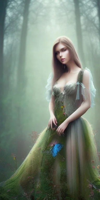 Beautiful pretty girl in picture in foggy forrest afternoon, correct hands detail, butterfly, 8k resolution, super detail realístic, fantasy