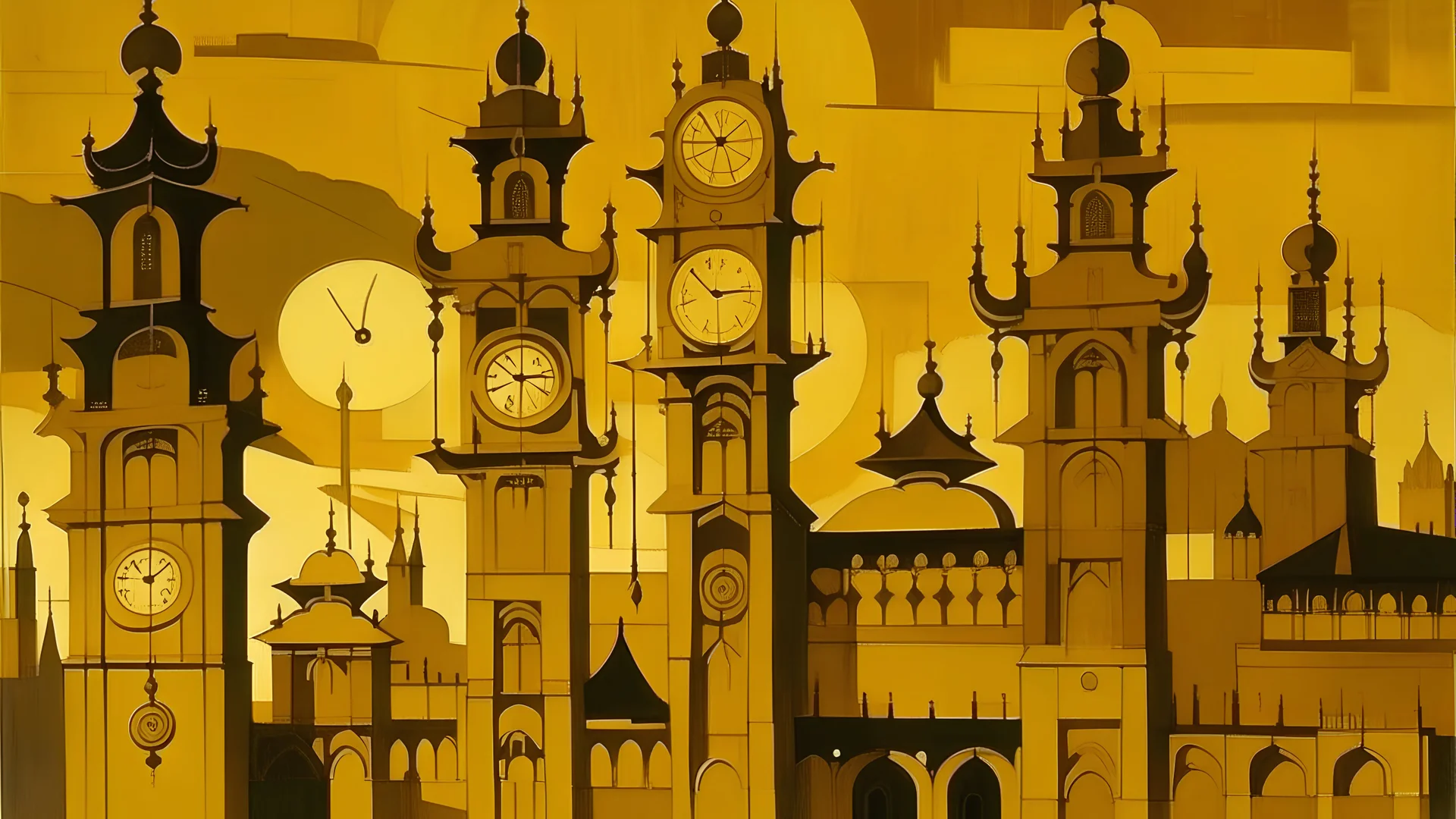 A golden temple with old clocks painted by Lyonel Charles Feininger