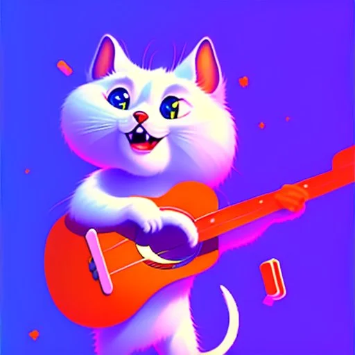 sticker design on white background, Pixar kitten playing guitar, flat illustration style , ultra detailed