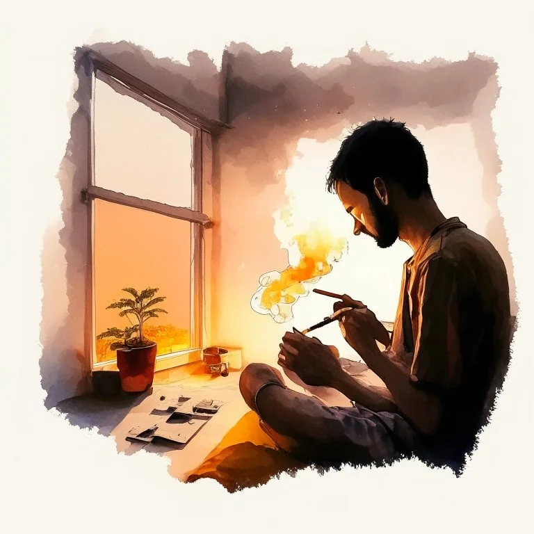 As the sun began to set, casting an orange glow across the sky, I found myself eagerly rolling up a joint, the smell of freshly ground hash and weed filling the room, watercolour painting