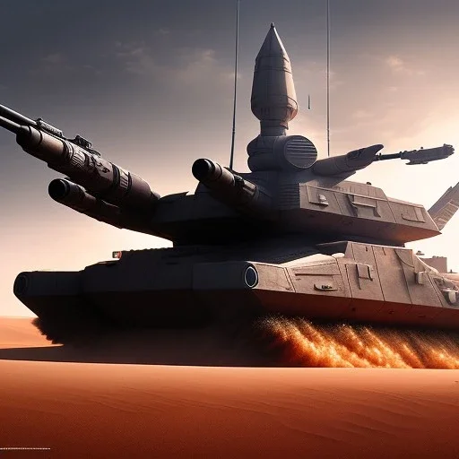 volumetric desert environment, Ralph McQuarrie style painting, gun turret on armored hovercraft, highly detailed