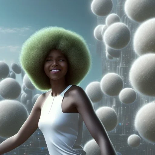 Ultra realistic photo. volumetric lighting , scientist. Young black woman, young, big smile. Joy. smiling. Afro futurism. Afro puffs. Blue hair. Ombré hair Cotton candy. Futuristic cities in background. Space. Space travel. Silver. Cities