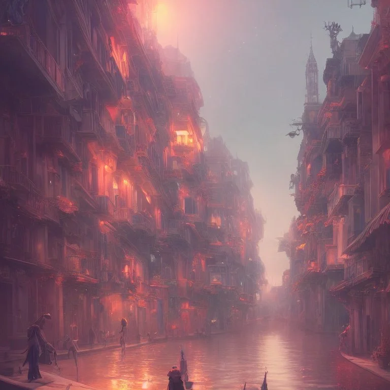 amazing euphoric futuristic Venetian Carnival sci-fi fantasy utopian paradise, Photorealistic beautiful, epic composition, night, dramatic, lights, dark, colourful, cute, Chiaroscuro, magical, caustics, studio ghibli, beautiful lighting, intricate detail, lively, Jordan Grimmer, Atey Ghailan