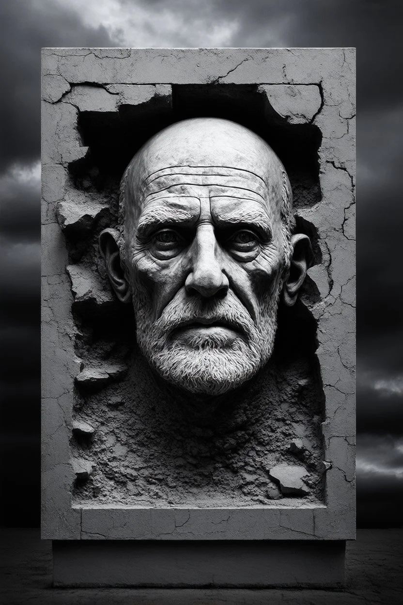 surrealis monochrome A fragmented, surreal sculpture liguid color of photorealistic image 3d,psychedelic art of an old man face glossy emerging from dreamlike a crumbling building. The face appears pale with deep cracks and intricate details, evoking a haunting expression. Blackened, set against a backdrop of stormy, cloud-filled skies. bauhaus art The overall tone is dark and moody, suggesting themes of decay and transformation. Include