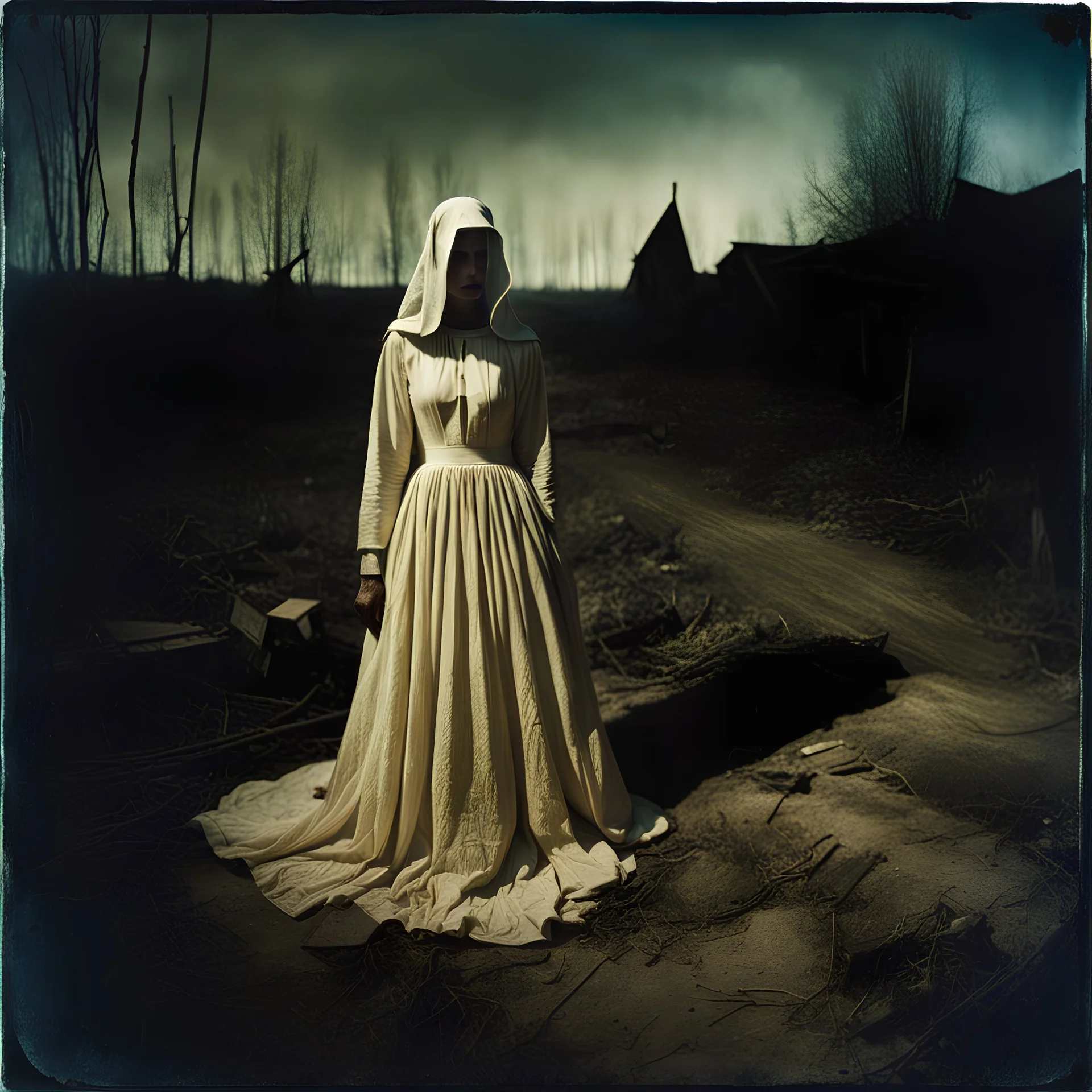 Photorealistic polaroid nothingness and distressing anguish old wooden figure wasteland night Max Ernst Hieronymus Bosch, volumetric light, shot on Hasselblad, movie shot, details of the dress accentuated, nightmare, hypermaximalist