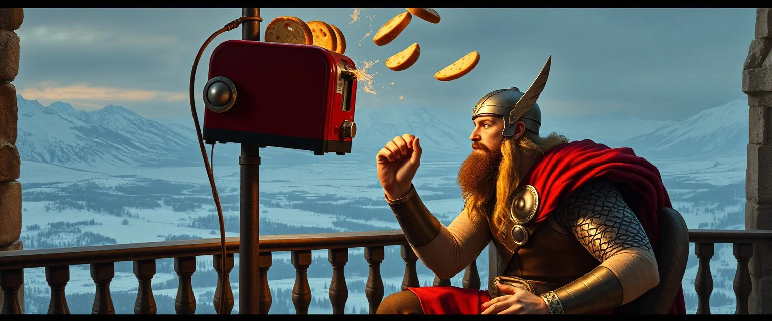 The mighty God Thor sees the toaster on a pole, spit out some bread. The bread is jumping over his head. In the style of Rembrandt and "Gods of Fallout 4". He is sitting on the balcony of his castle, with a great view over the frozen valley. He is trying to grab the bread quickly.