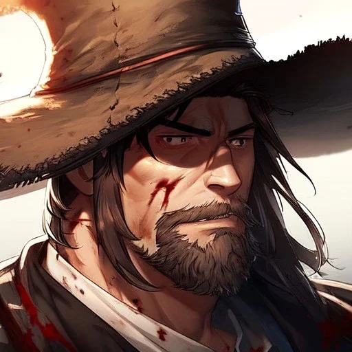 Clear focus, High resolution, max detail, Portrait, bearded, Gunslinger, Cowboy, cowboy hat, serious face, Blood Splatter