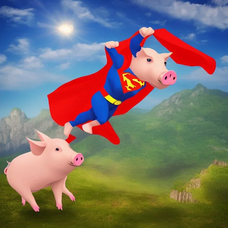 pig with superman cape on top of a mountain, realistic