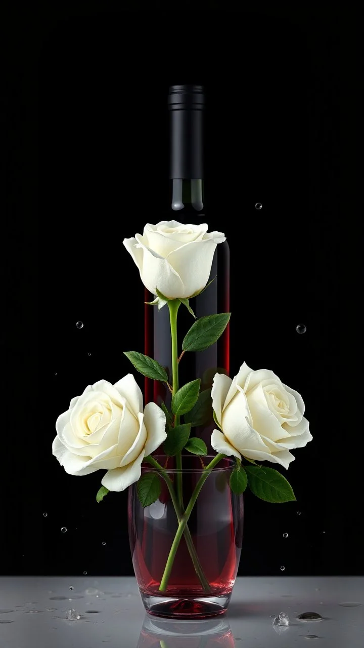 The image is a digital artwork that depicts a bouquet of 3 white roses in crystal vase , a bottle of red wine creating a wave-like effect. The background is black, which makes the white rose stand out even more. Water droplets are scattered adding to the dreamy, ethereal quality of the image. The a