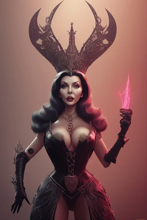 Joan Collins as evil queen in black leather, leather, busty, cleavage, angry, stern look. character design by cory loftis, fenghua zhong, ryohei hase, ismail inceoglu and ruan jia. unreal engine 5, artistic lighting, highly detailed, photorealistic, fantasy