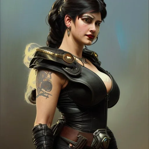 painted portrait of evil goddess in black leather, angry, strong, volouptous, busty, cleavage, emperious, mature, highly detailed, digital painting, artstation, concept art, smooth, sharp focus, illustration, art by gaston bussiere and alphonse mucha