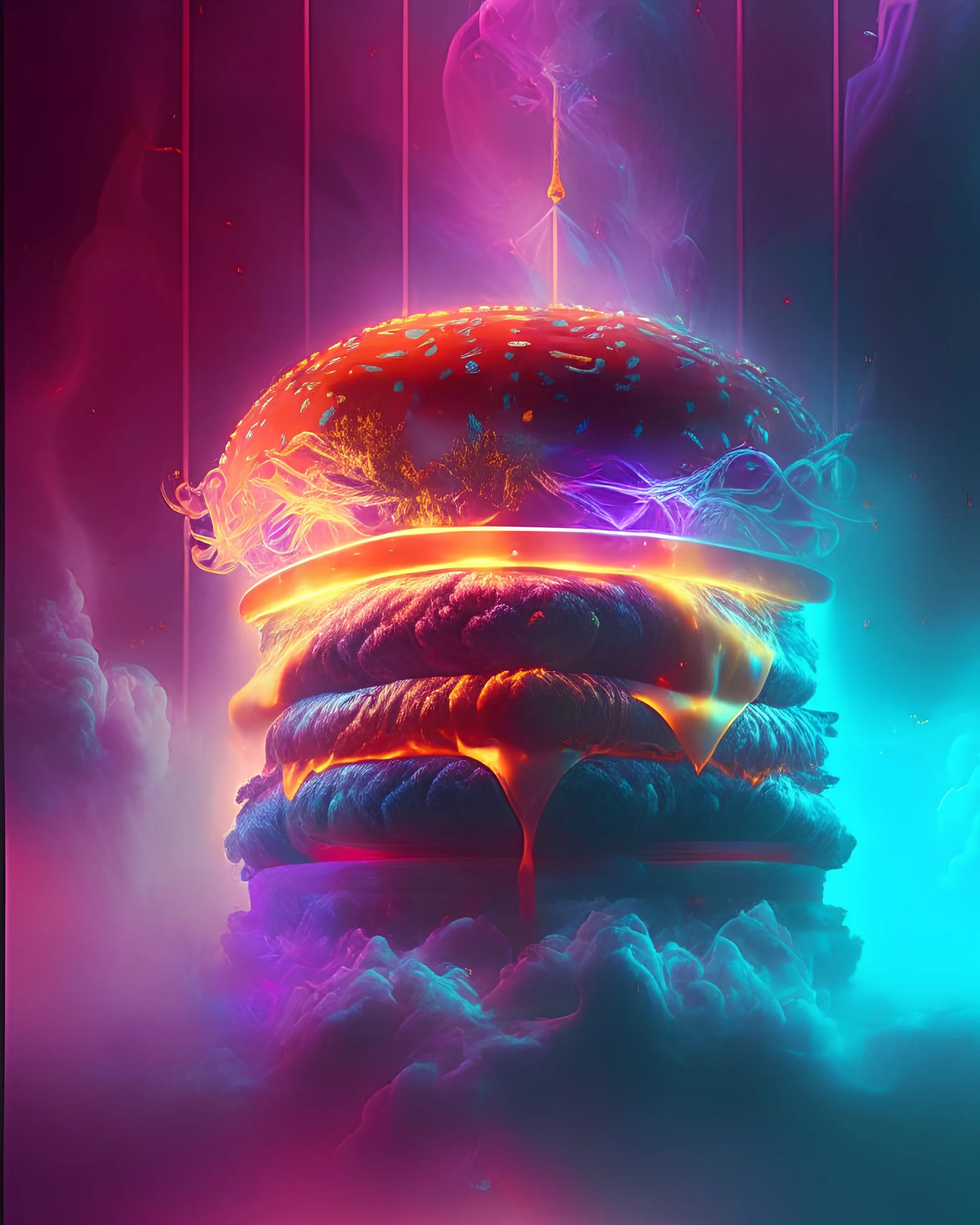 symmetry product render poster vivid colors classical proportion burger, glowing fog intricate, elegant, highly detailed, digital painting, art station, concept art, smooth, sharp focus, illustration,
