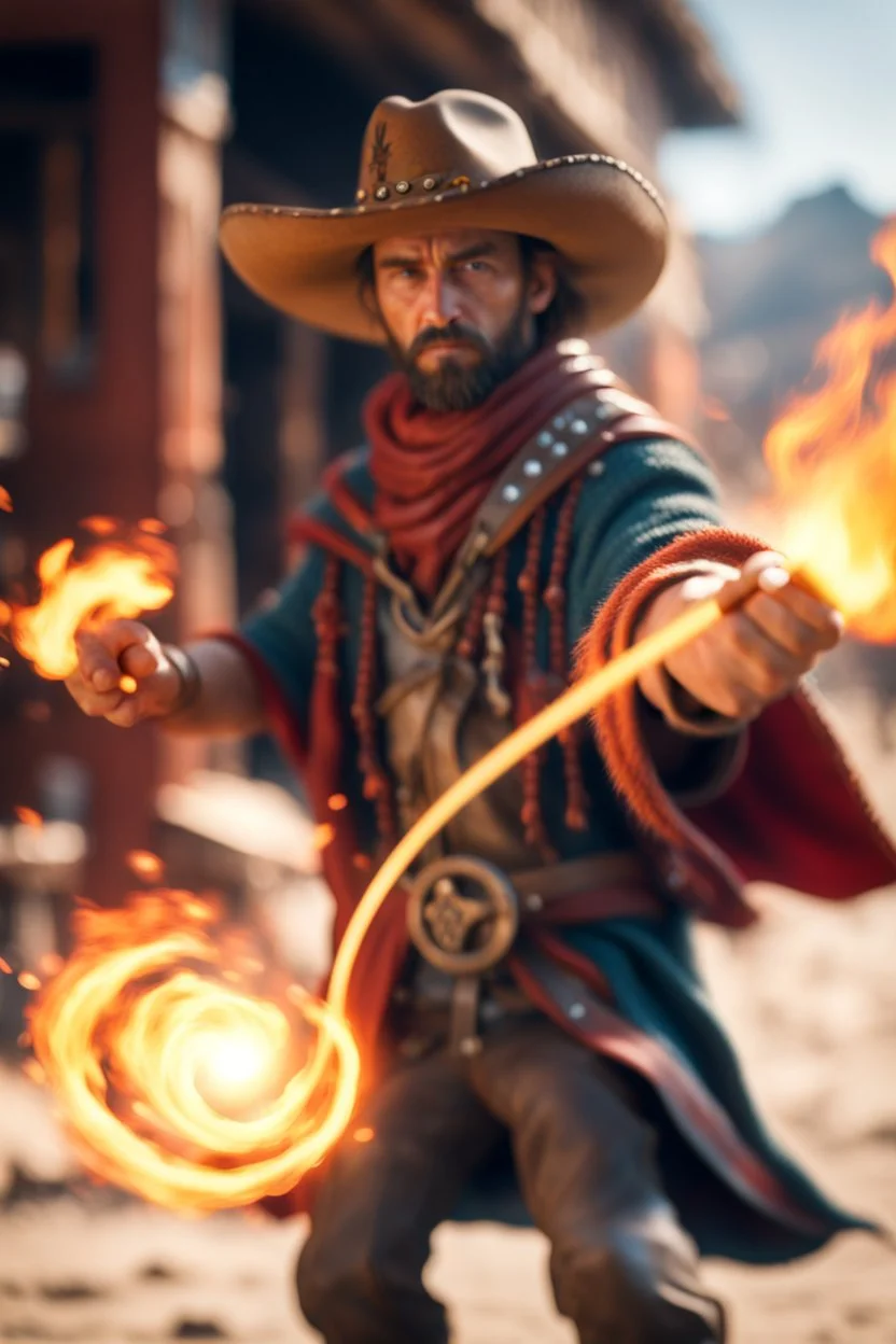 magic swirl, true grit, Mexican native stand off fast draw poncho cowboy wizard punching fire ball whip while taking sight wand slinger ,bokeh like f/0.8, tilt-shift lens 8k, high detail, smooth render, down-light, unreal engine