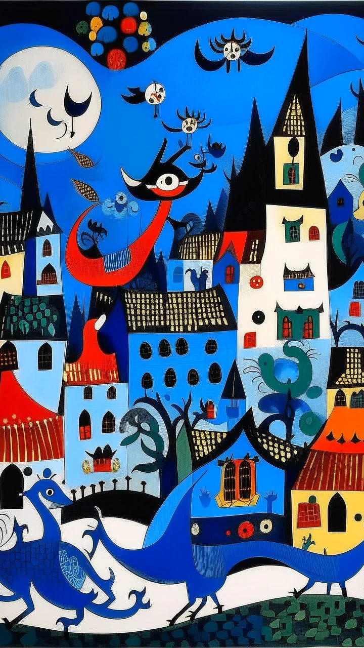 A dark blue village with a dragon palace designed in Chinese paper art painted by Joan Miro
