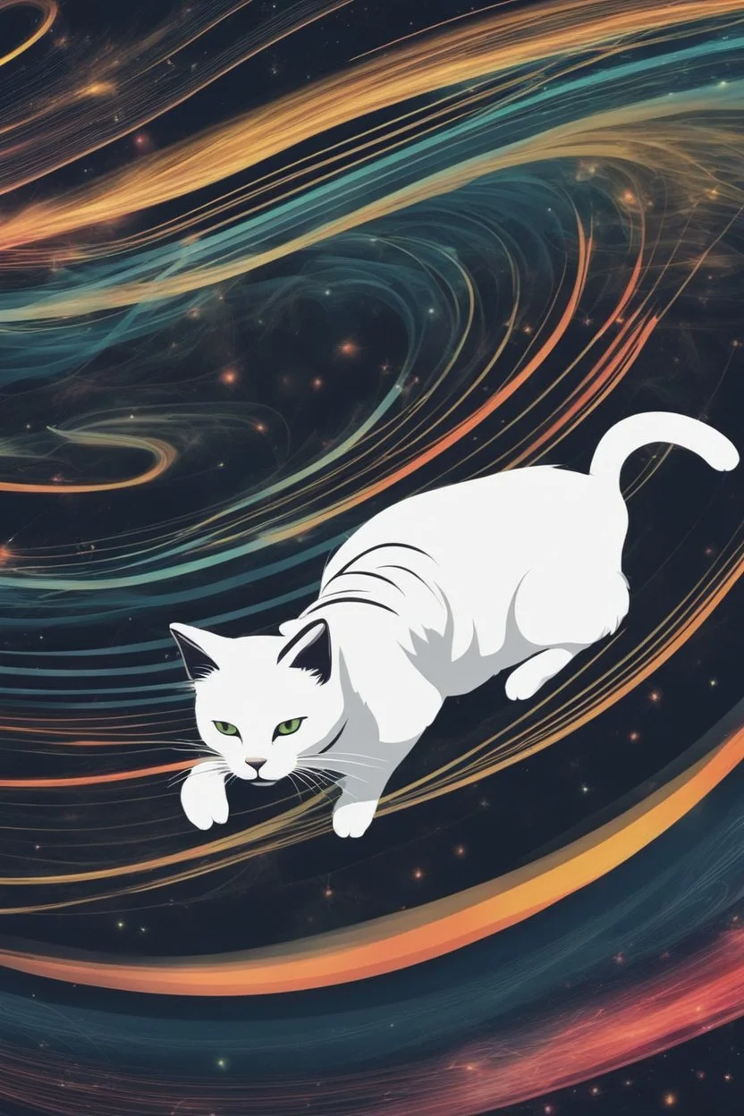 high quality, beautiful and fantastically designed silhouettes of colorful cat due to gravitational waves, beautifully designed wavelengths, very weak vibrations caused by fluctuations in the gravitational field of the universe, wave nature, stretching and compression, by yukisakura, awesome full color,