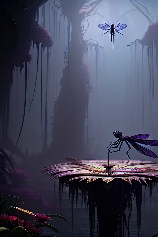 large venus fly trap with teeth eating a dragonfly, flowers, jungle, hyperrealistic, trees in background, digital art, alien like, disgusting, intricate, morbid, rainy, sinister, volumetric lighting, unreal engine, high resolution, 8k, depressing colors, dark colors, horror, horrific,