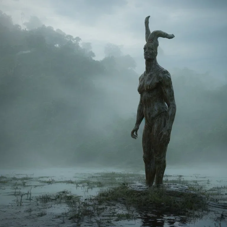 giant statue abandoned between moutain, swamp, water, glass, fog, highly realistic, highly detailed, intricate, 8k