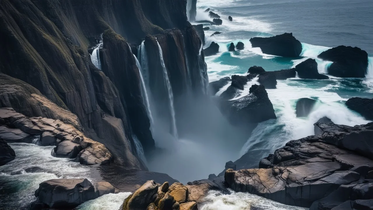 High angle view of dramatic coastal cliffs, towering waterfalls cascading down a dark, striated rock face into a turbulent turquoise and deep blue ocean, crashing waves, overcast sky, bright diffuse light, photorealistic, 8k resolution, highly detailed