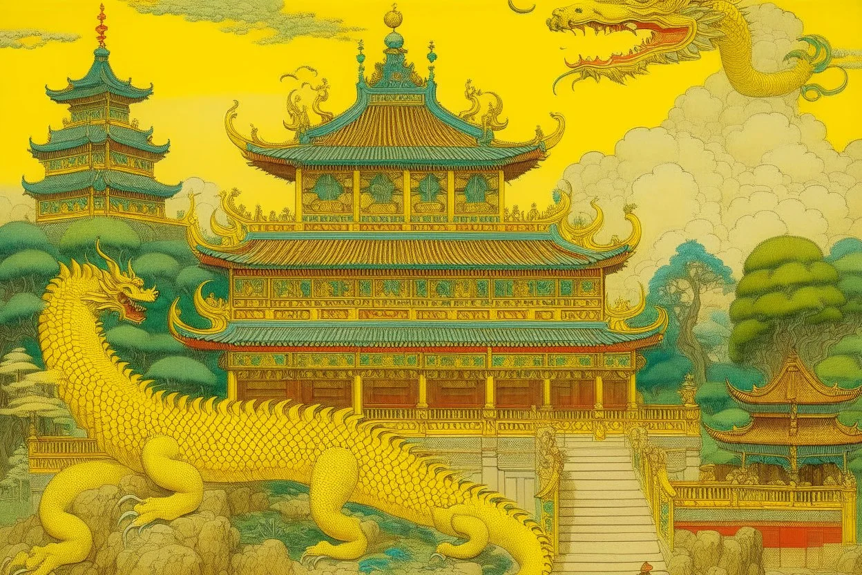 A palace with a yellow thunder dragon on top painted by Qiu Ying