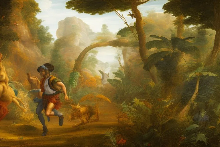 man running in colorful jungle by andrea del sarto