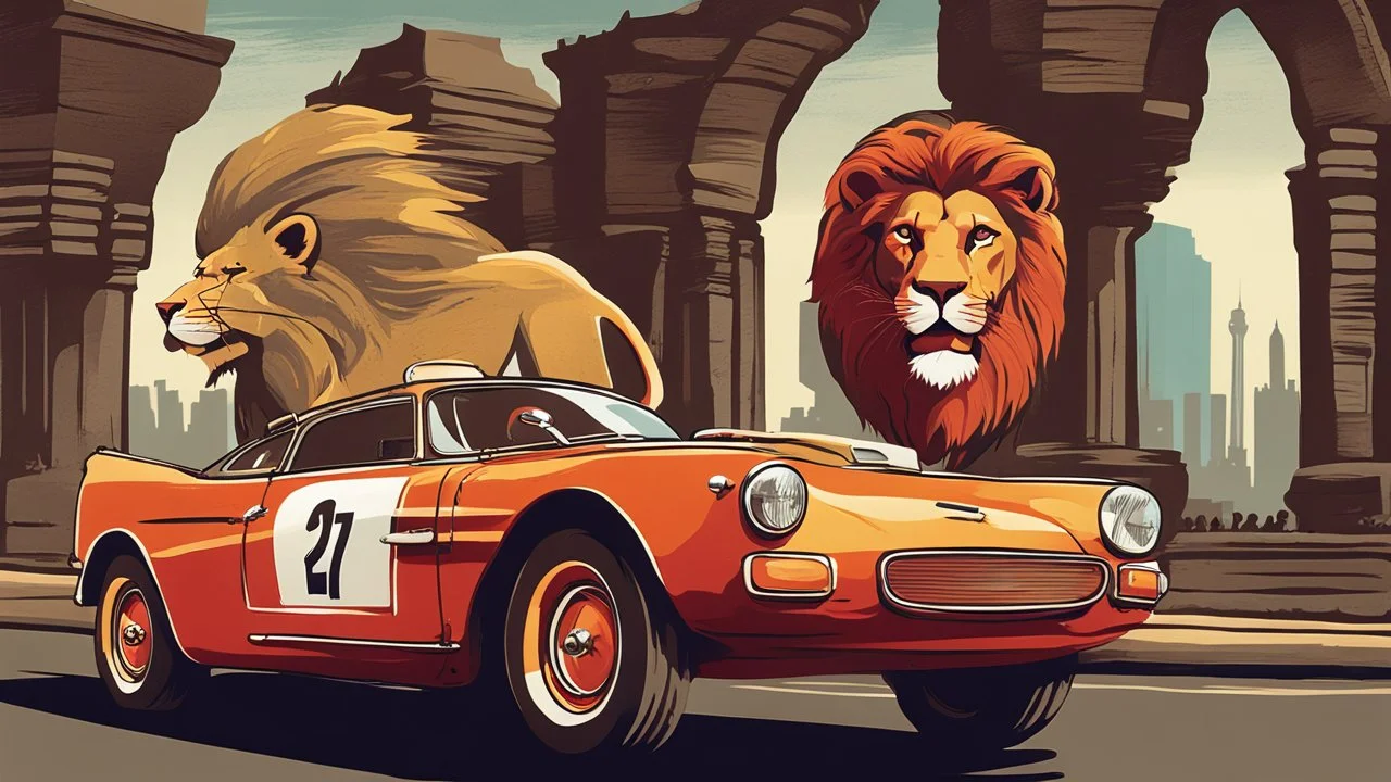 "I'm envisioning a sensational poster for '<Achayo> Vintage Rally Racing: Car vs. Lion Showdown.' The backdrop should showcase an Ethiopian cityscape, providing an urban setting for the vintage rally action. In the foreground, a stylish vintage rally car stands ready, its driver geared up for the ultimate showdown. Next to the car stands a majestic lion, symbolizing the power and strength of nature. Use earthy tones for the city background, vibrant colors for the rally car, and natural tones for