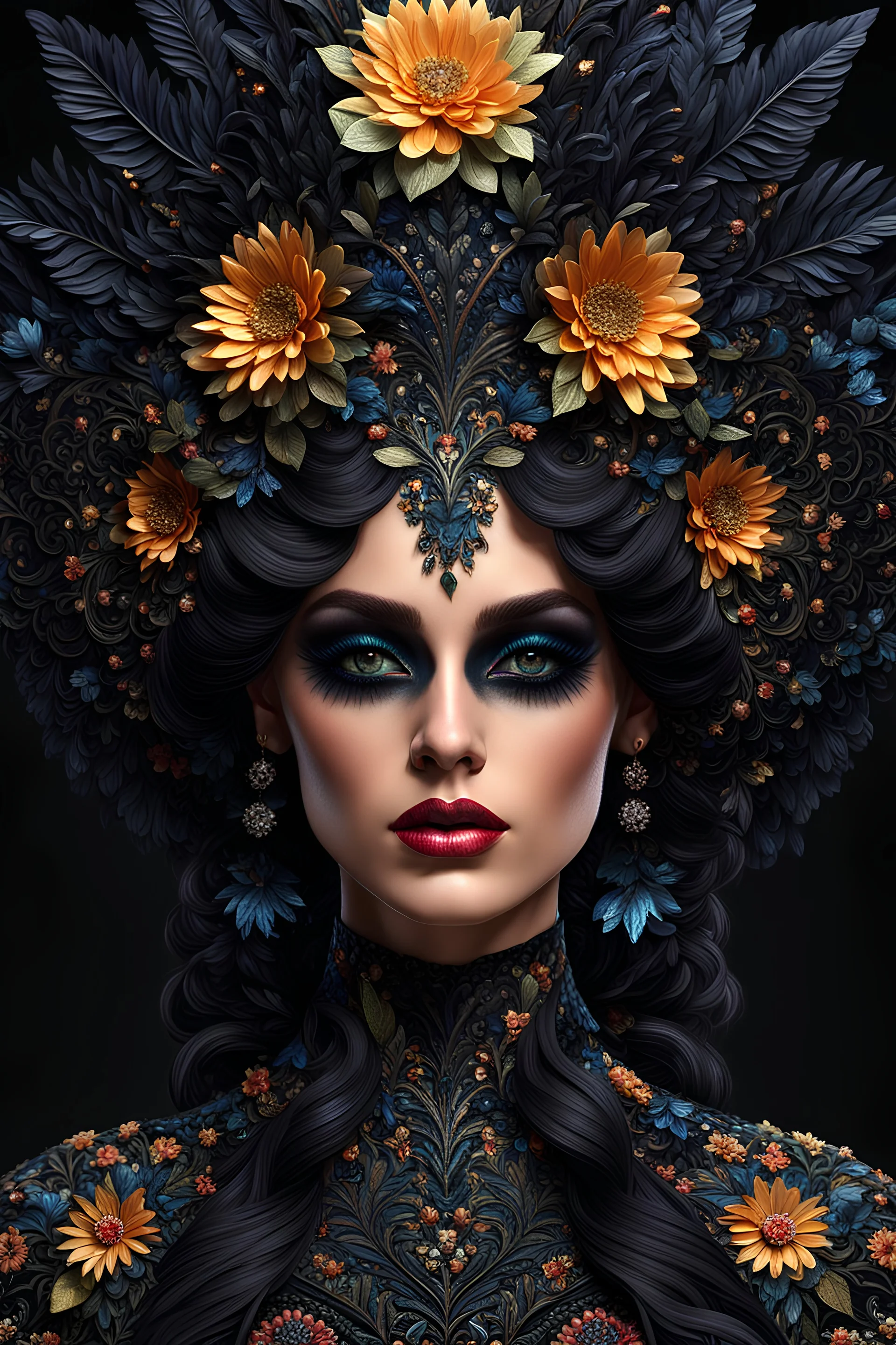 detailed full body attractive lady, insanely detailed and intricate, hypermaximalist, ornate top, black hairs, make-up eyes, black environment, isometric view, embroidered detailed texture, zoom out, bloom, black atmosphere and dark shades, blacke haze, cinematic lighting, highly detailed, full quality, detailed face, sharp focus, very intricate, generative artist, volumetric lighting, epic Composition, octane, 16k, –v 4 –chaos 80