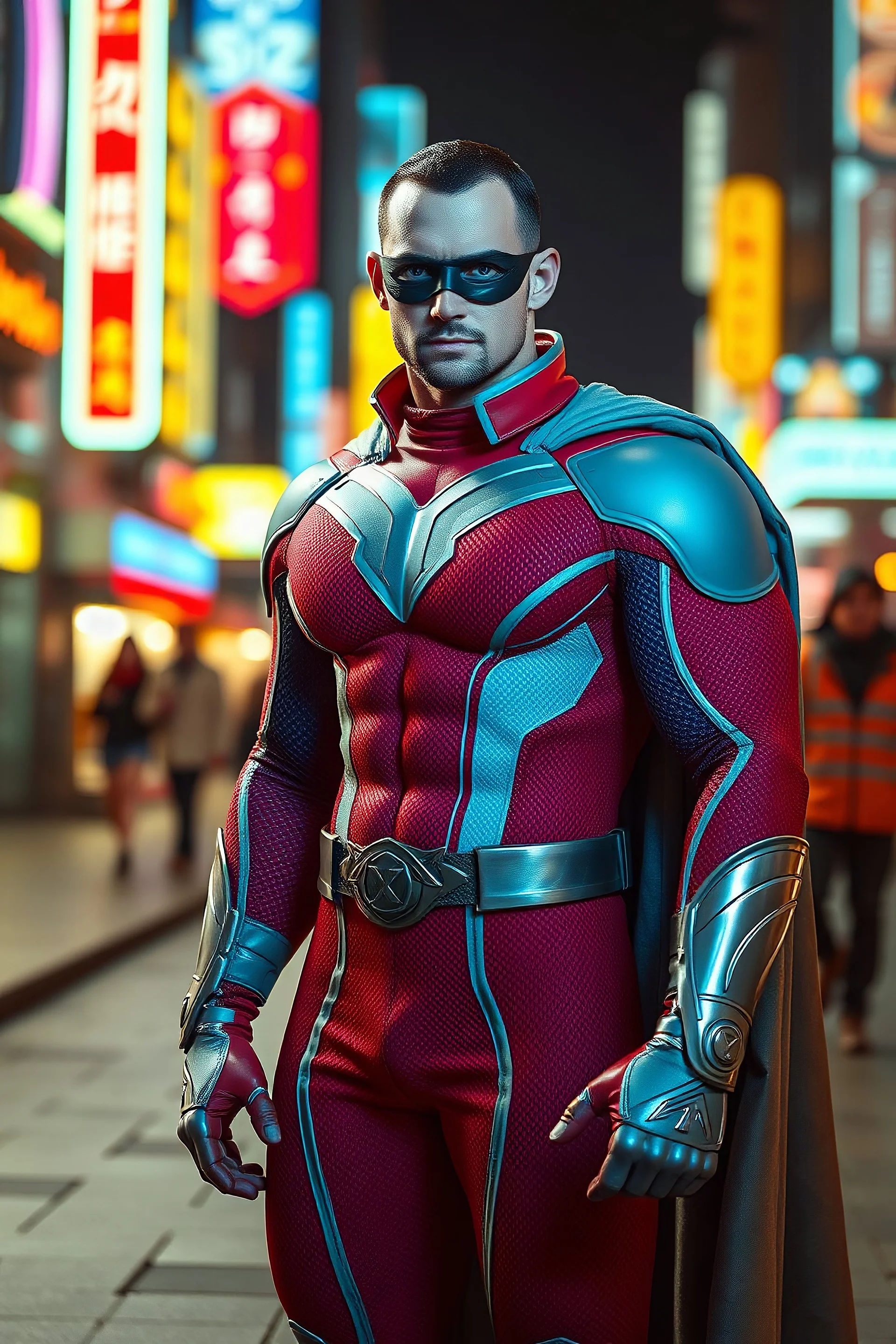 A muscular, athletically built man with extra-short, crew cut, black hair, blue eyes, short, trimmed goatee, standing stoically on the street in the neon lit, futuristic City of Xanadu prime, wearing a long-sleeved, highly textured, red-white-and blue body suit with gray piping that forms to his muscular frame, with a detached cowl, a silver lightning belt, silver wrist gauntlets, silver, knee-high boots, gray cape, the symbol of Xanadu on his chest, and a thin black leather bandit eye mask