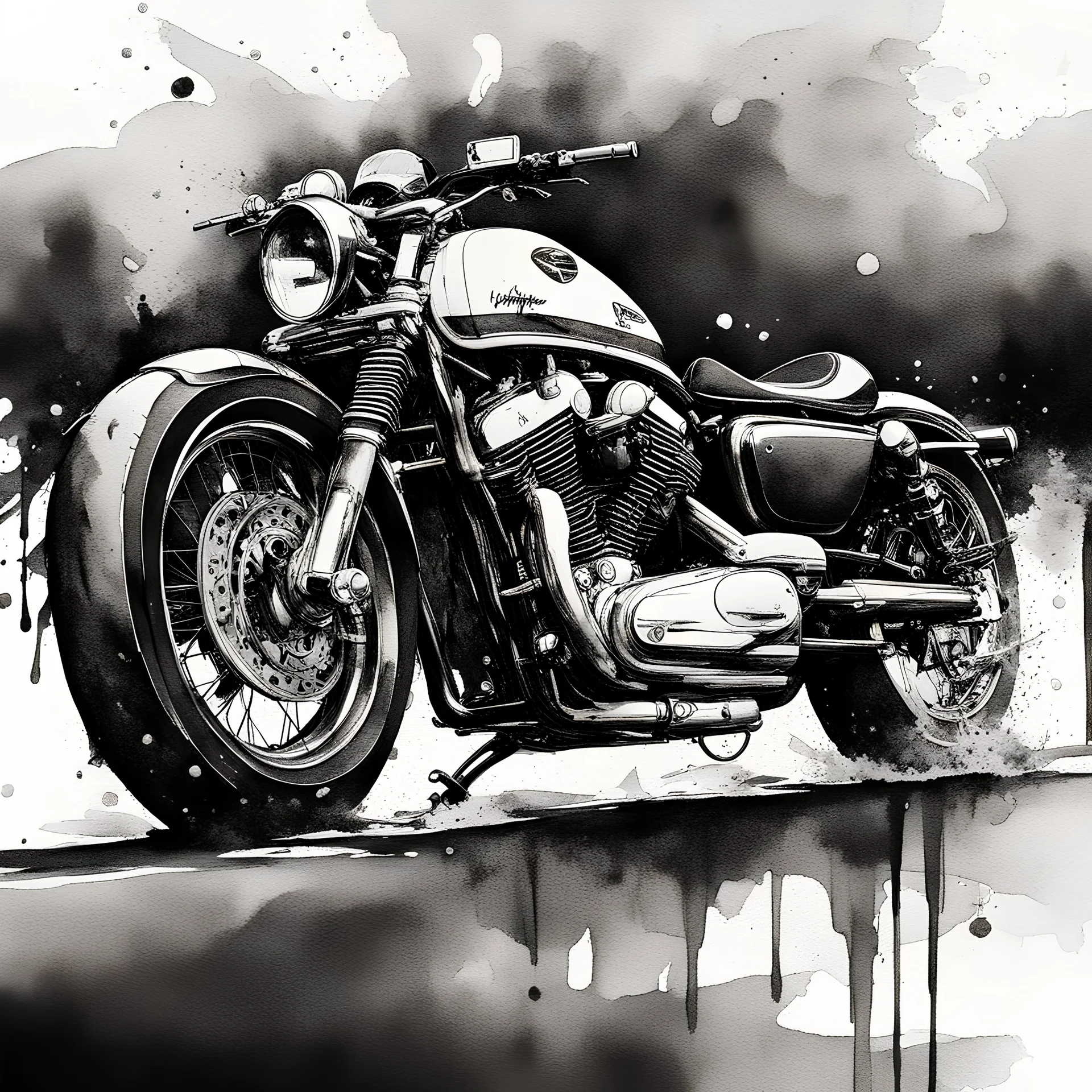 t-shirt design, minimalistic ink drawing style, vanishing point on white paper, Sportster 48 motorcycle. watercolor splash, in black and white, but with only a few red and blue eccents ,art incorporated as complimentary element, 3d render, photo, cinematic, illustration, animev0.2