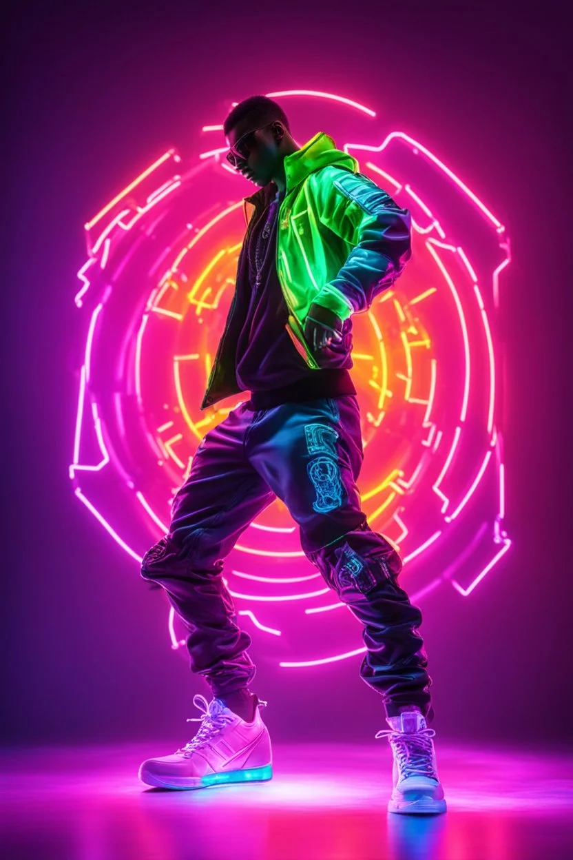 hip hop dancer wearing mechanical,full body,lighting neons colors background