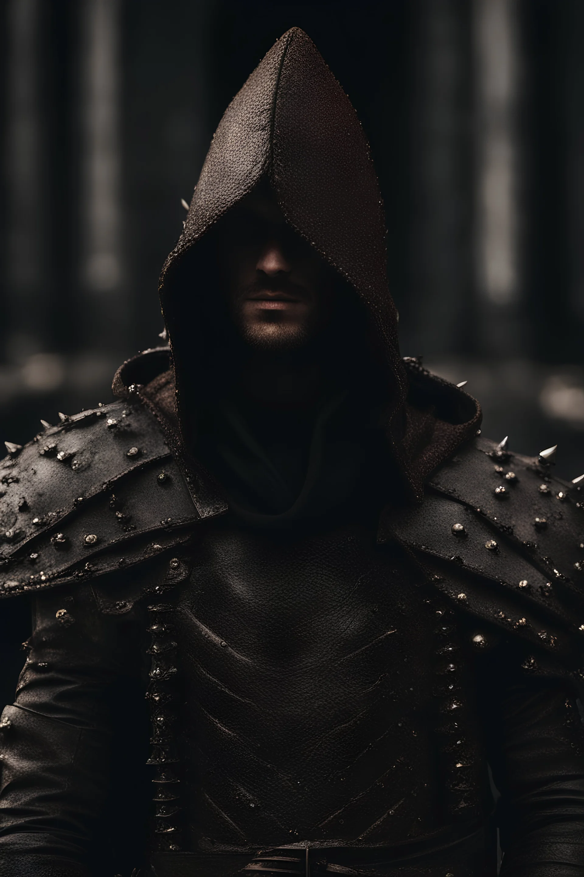 hooded man wearing studded leather armor