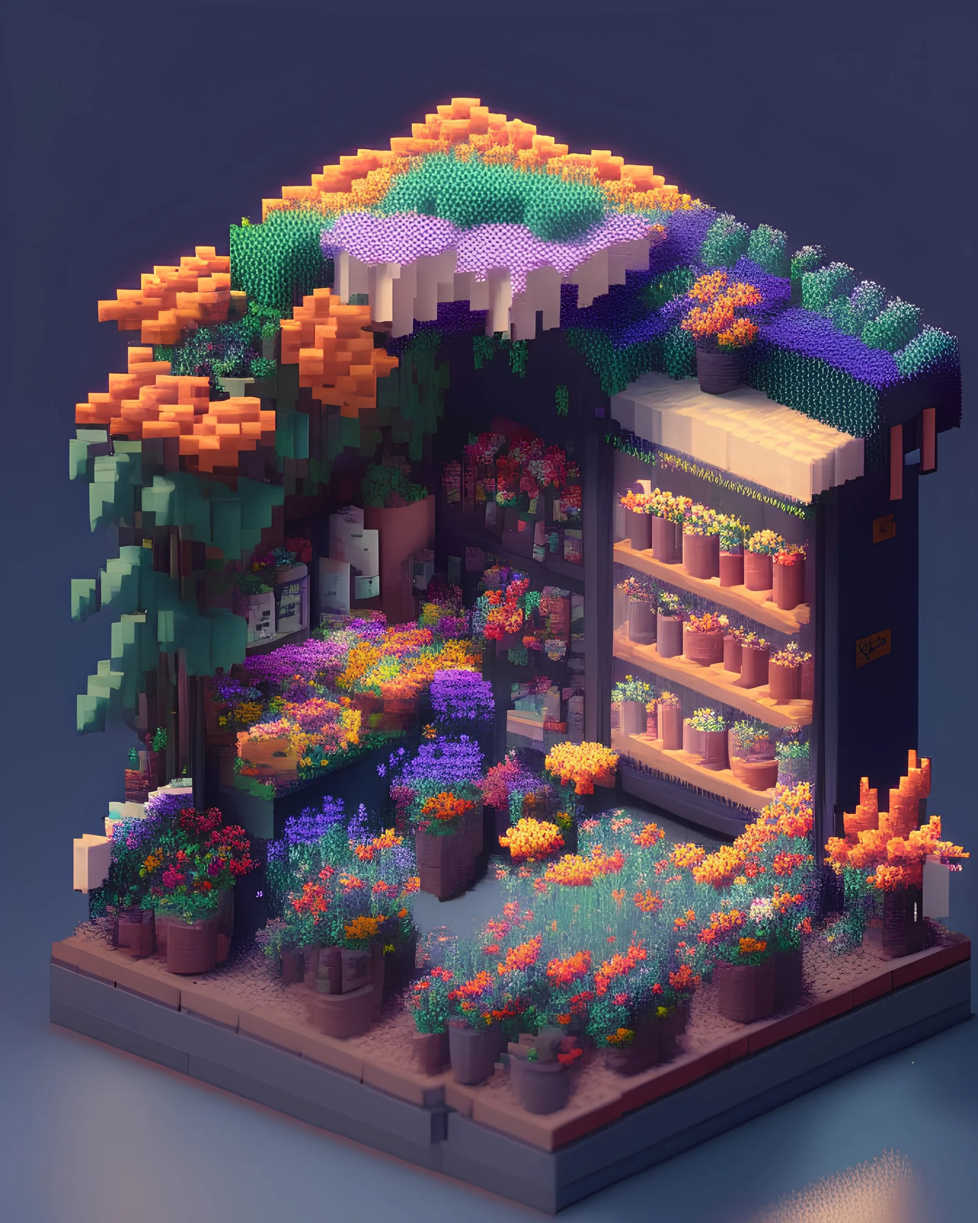 prototype of isometric diorama, 8-bit, overflowing flower shop, particle effects, 2.2 gama, sony a7r7, Tamron 10-24mm f/3.5-4.5, ISO 3200, extremely detailed, 8k texture, lots of flowers and vibrant plants