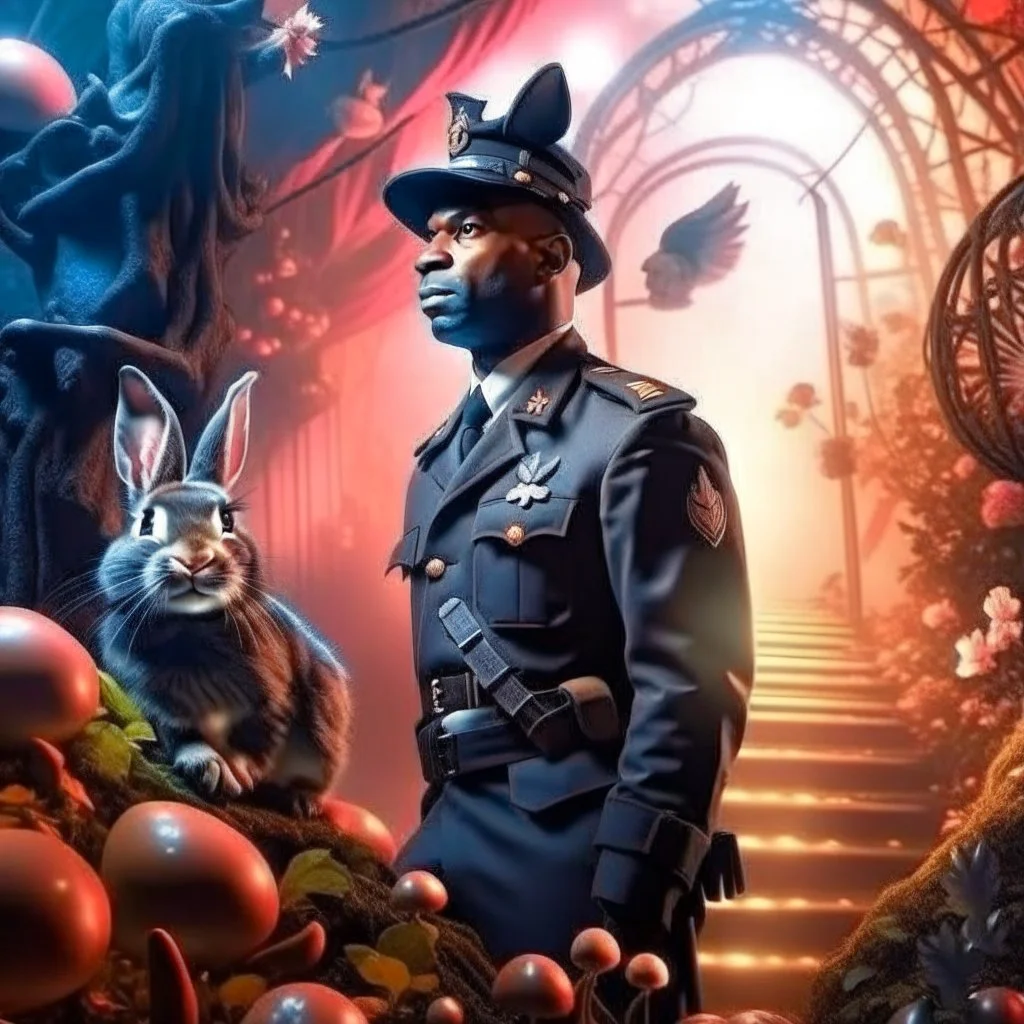 Broadway portrait of black macho gestapo army officer on a ladder inside glowing mushroom grove with huge fluffy space rabbit, 4 k, down-light, soft light, depth of field, photo realism, trending on art station, high detail, spray paint