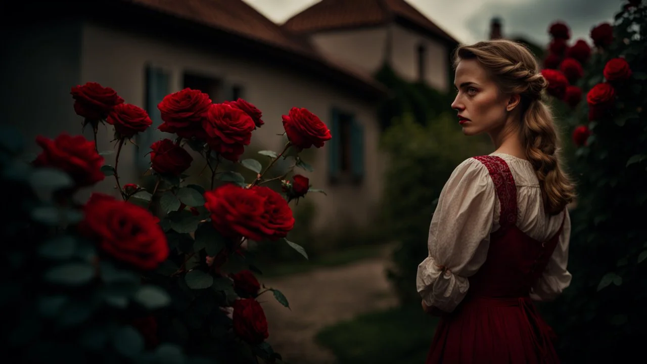 back to the camera a dark blonde young woman in old hungarian pale villager clochts stands in front of the nice red rose bush, und dark red running roses around, high detalied, sharp focus, high realistic, perfect photo