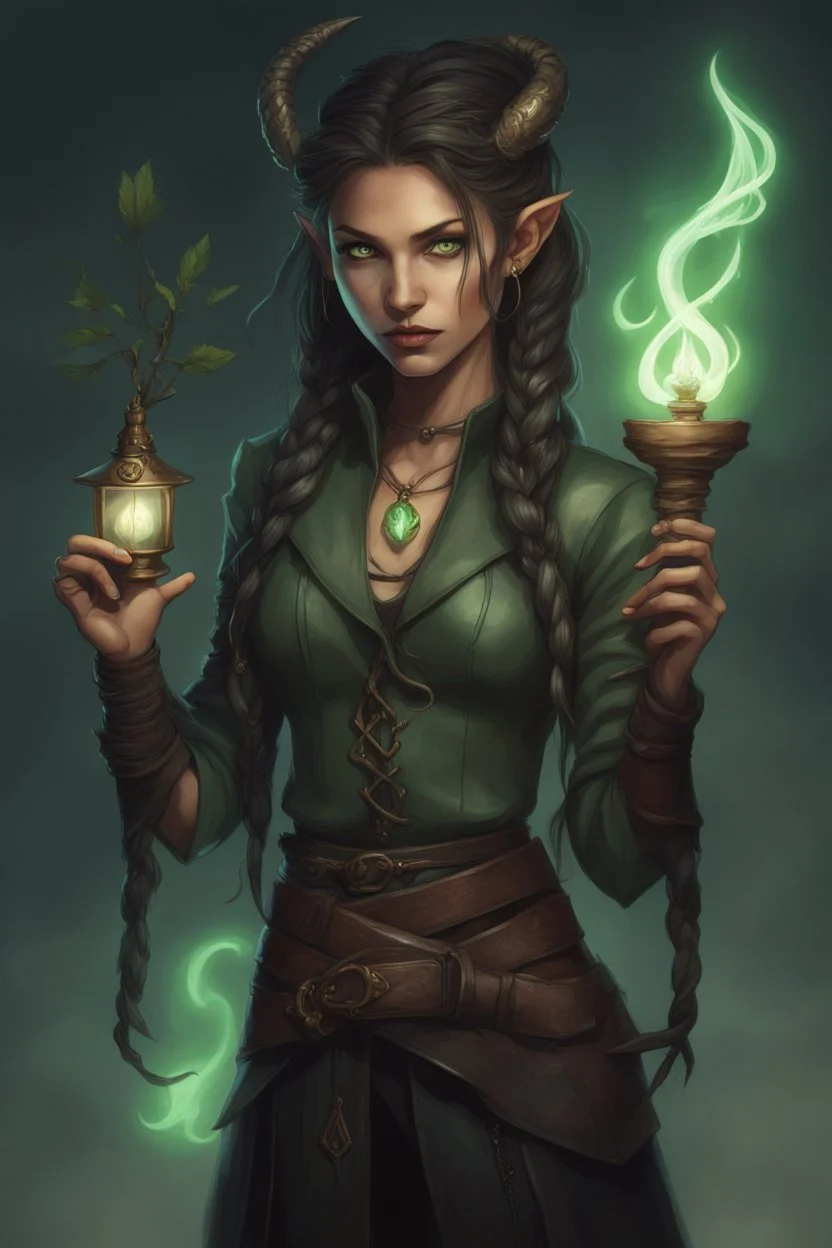 A beautiful young female Hexblood Warlock with lightly tanned skin, long dark hair styled in loose half braids, and glowing pale green eyes. A small twisted branch-like horn emerges from her hair. She wears elegant dark leather thief clothing with subtle Dao-inspired magic, carrying an ancient brass lamp, a Book of Shadows, and a quarterstaff. She has a warm, mischievous smile, yet an unsettling presence, as if listening to whispers only she can hear.