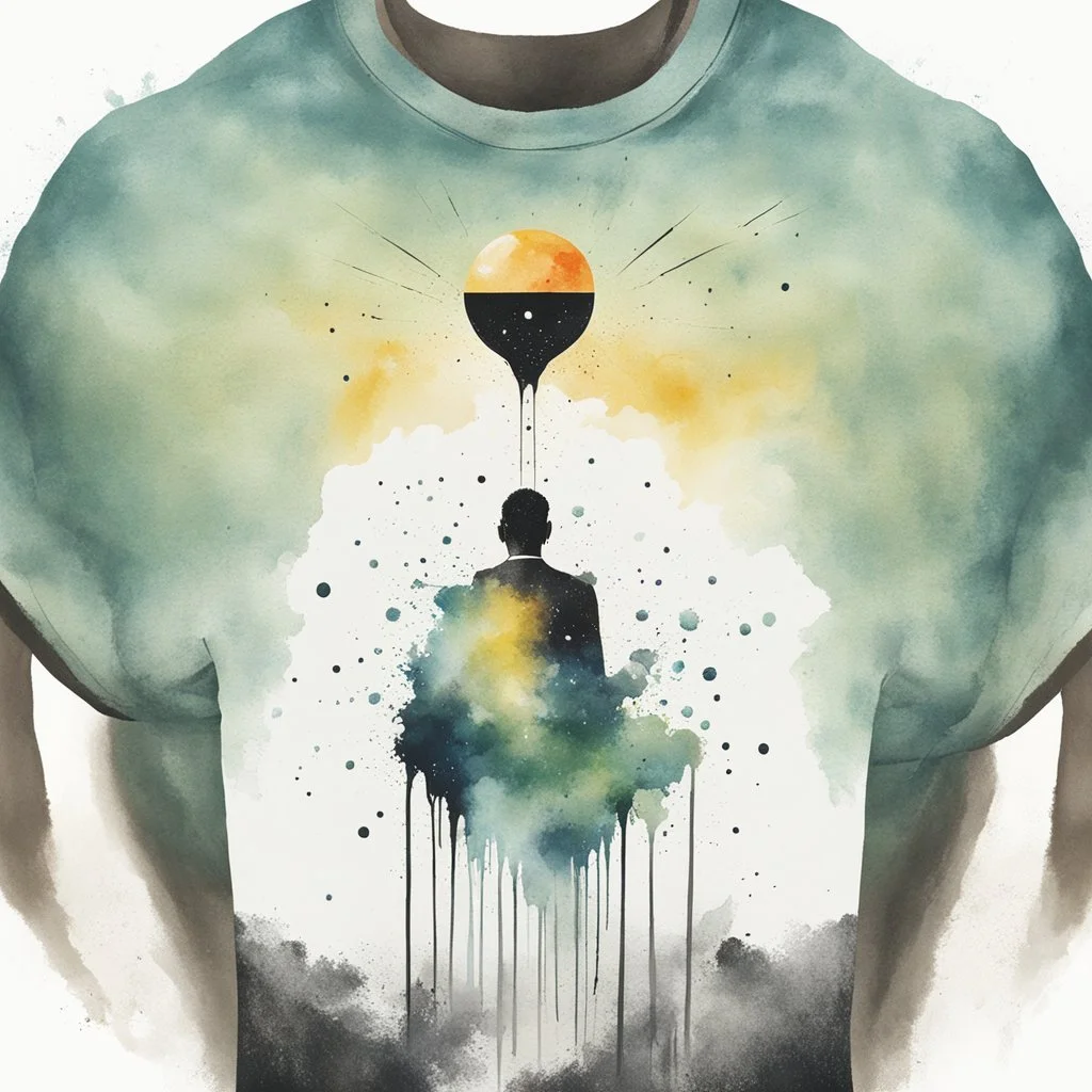 vector t-shirt design, minimalistic ink drawing style, vanishing point on white paper, water color splash, magical fart, retro minimal, trendy art, art style by Eckhart Tolle and Fabio Hurtado