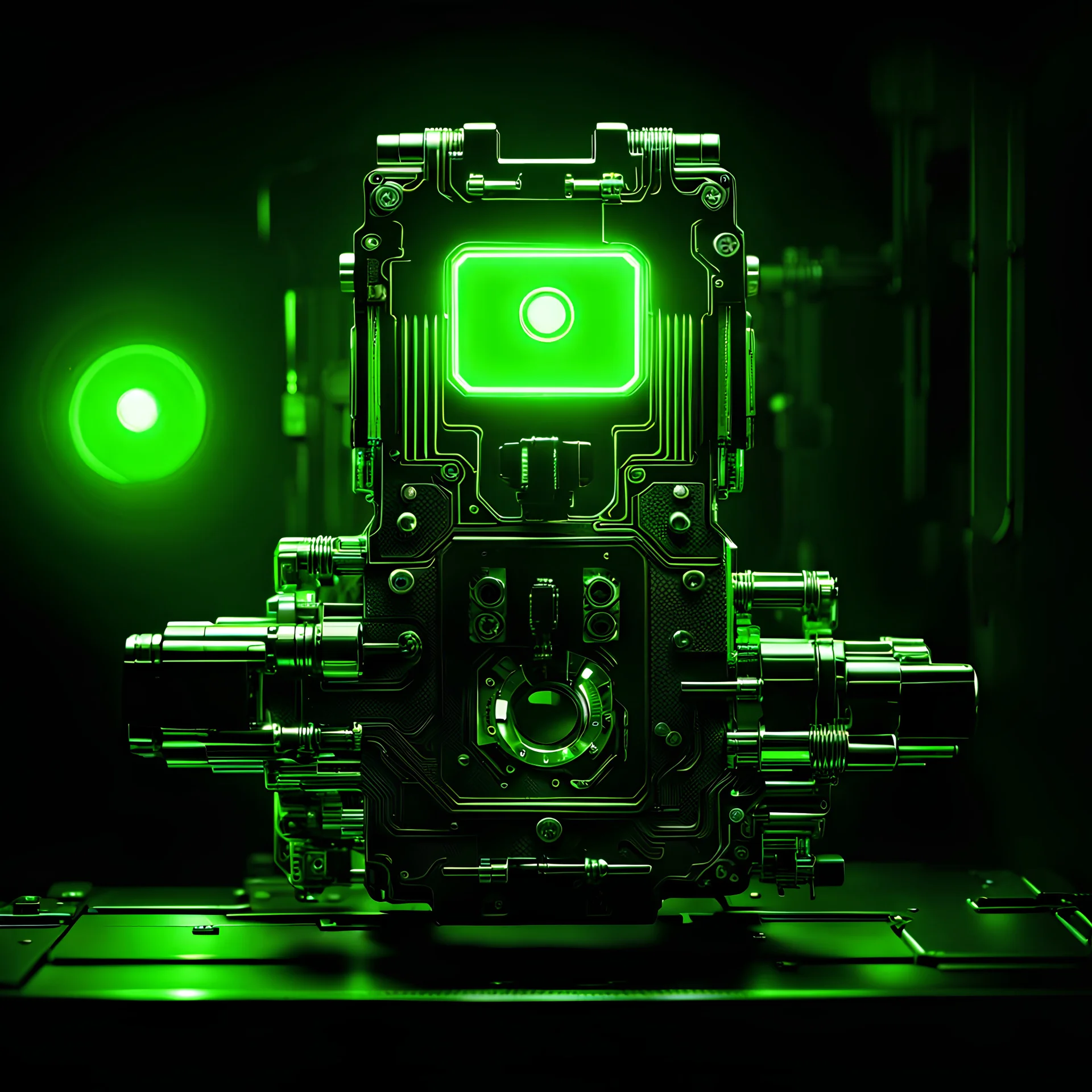 mechanical parts, green lighting, cyberpunk style, black background