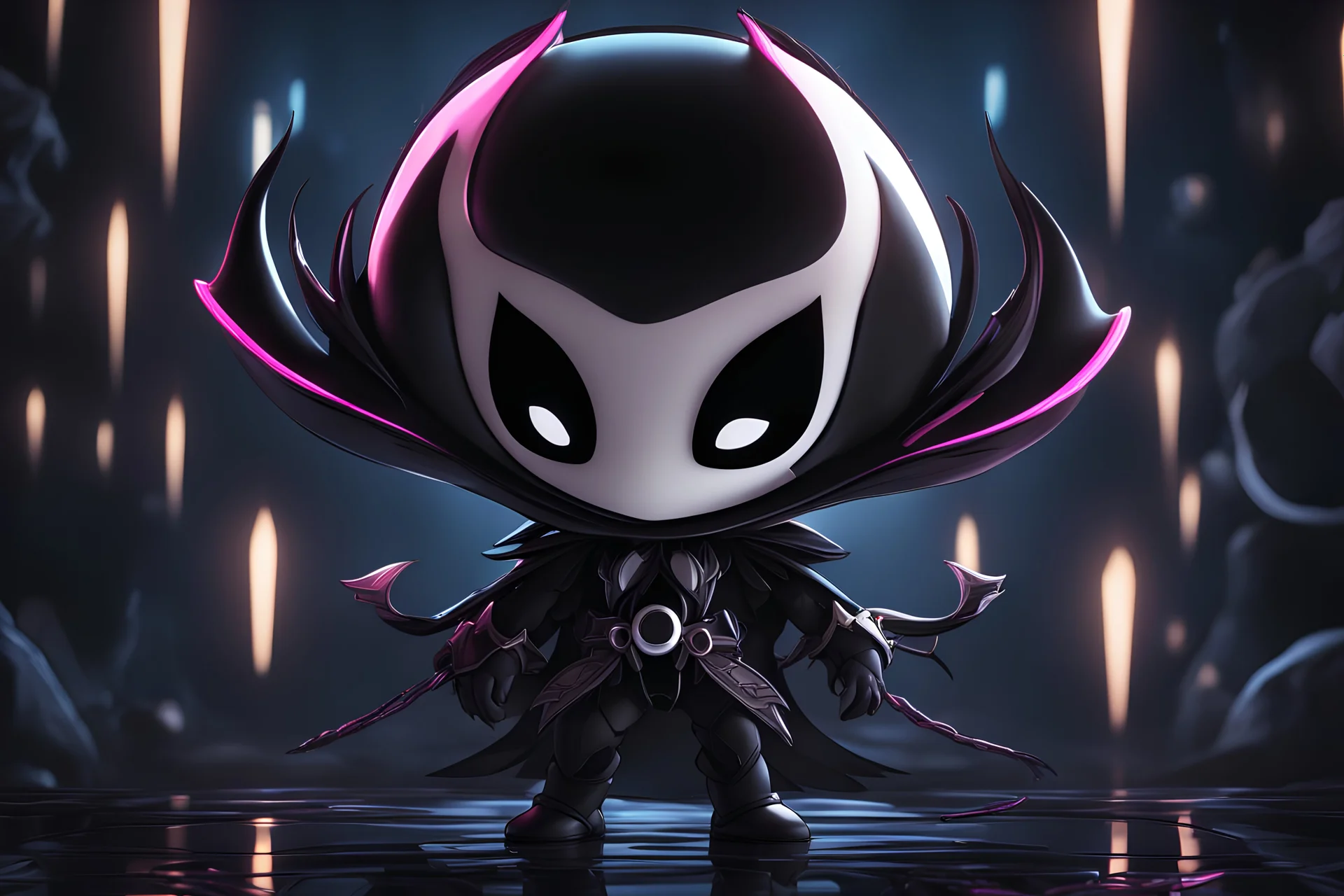 Chibi Hollow knight venom in 8k solo leveling shadow artstyle, in the style of fairy academia, hollow knight them, mask, close picture, neon lights, intricate details, highly detailed, high details, detailed portrait, masterpiece,ultra detailed, ultra quality