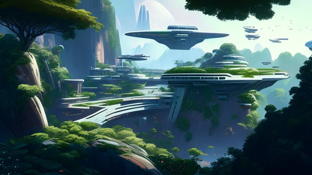 Many spaceliners docked at a huge busy spaceport, with gantries and walkways, setting into the side of a huge cliff, trees, vines and plants, Star Wars, Star Trek