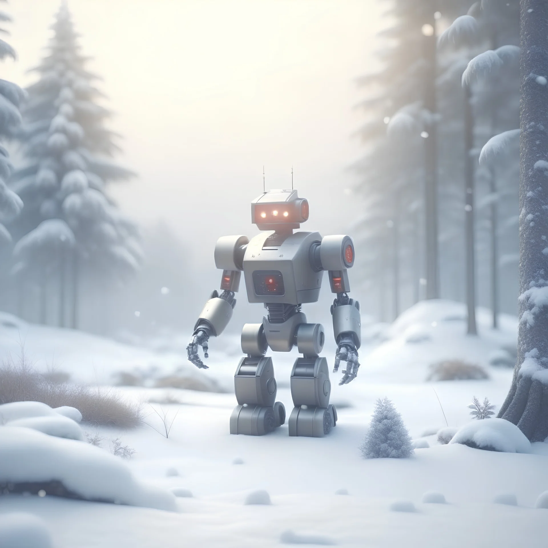 robot santa and presents in snowy misty forest, 8k, down-light, soft light, depth of field, photo realism, trending on art station, high detail