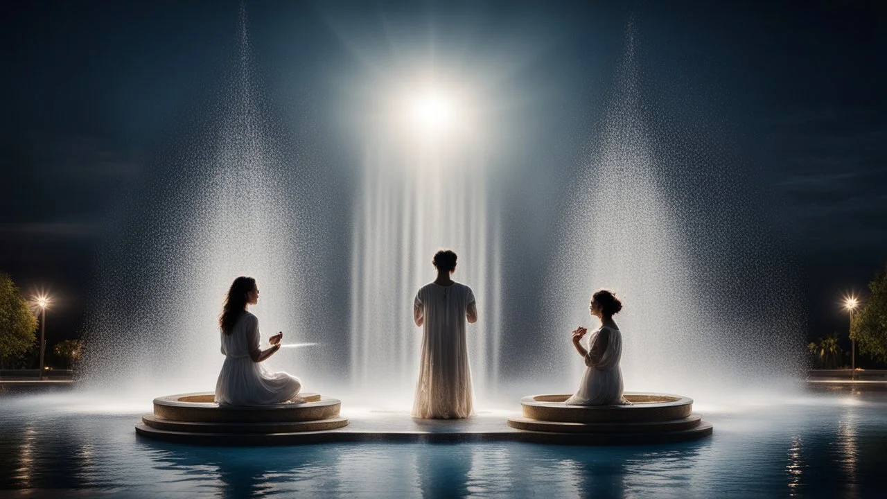 moonlight, sparkling fountains, recreation, relaxation, luxury, magnificent, showers, glistening water spray, people, dream world, calm beauty, symmetry, fantasy world, magic, splendor, uplifting, inspiring, therapeutic, chiaroscuro, color, award-winning colour photograph, beautiful composition, exquisite detail, Nikon 135mm