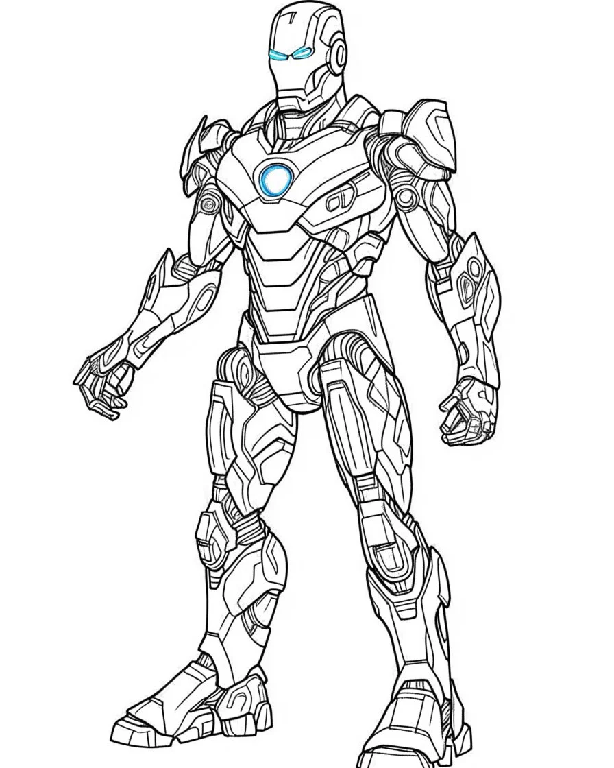 Avengers iron man, coloring page, no leaves, full body (((((white background))))), only use an outline., real style, line art, white color, clean line art, white background, Sketch style