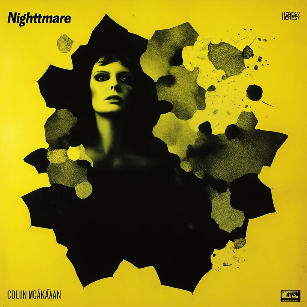 nightmare neon heresy, disintegrating photo, style of Dave McKean, composition by Colin McCahon, surreal horror, album cover design