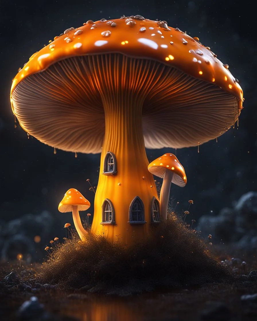 A solitary floating mushroom house on a clear night. silver and yellow and orange, Dark cosmic interstellar. Detailed Matte Painting, deep color, fantastical, intricate detail, splash screen, hyperdetailed, insane depth, concept art, 8k resolution, trending on Artstation, Unreal Engine 5, color depth, backlit, splash art, dramatic, High Quality Whimsical Fun Imaginative Bubbly, perfect composition