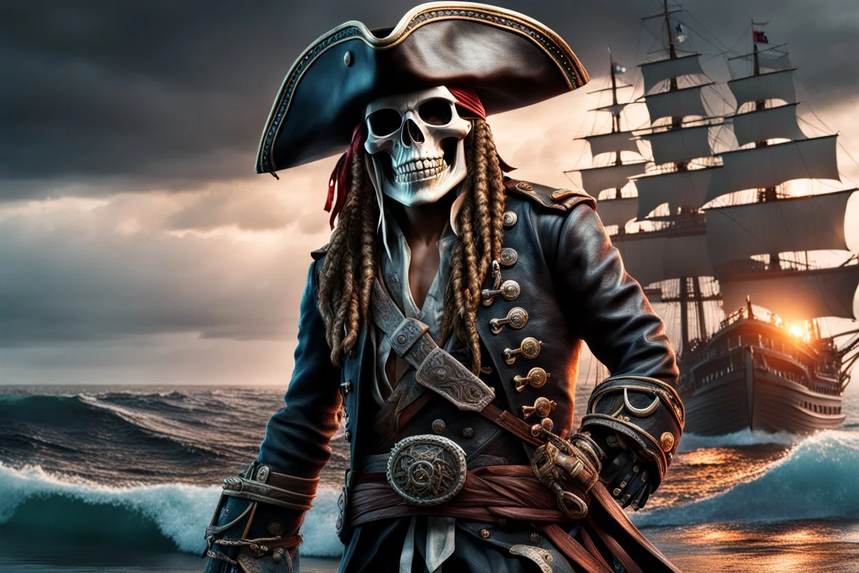 Skeleton pirate in 8k realistic cgi drawing style, sea, Storm, close picture, rain, neon, highly detailed, high details, detailed portrait, masterpiece,ultra detailed, ultra quality