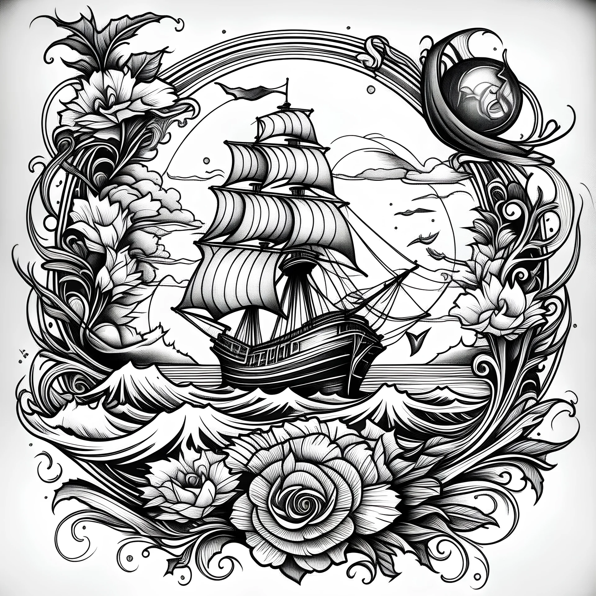 A tattoo for sea lovers. The emblem features a majestic sailing ship with billowing sails, surrounded by crashing waves and seagulls. The background showcases an ocean horizon, a palm tree and in the sky you can see stars and the moon. The tattoo is framed by roses and a skull. Few lines, stylized, sketch, black and white.