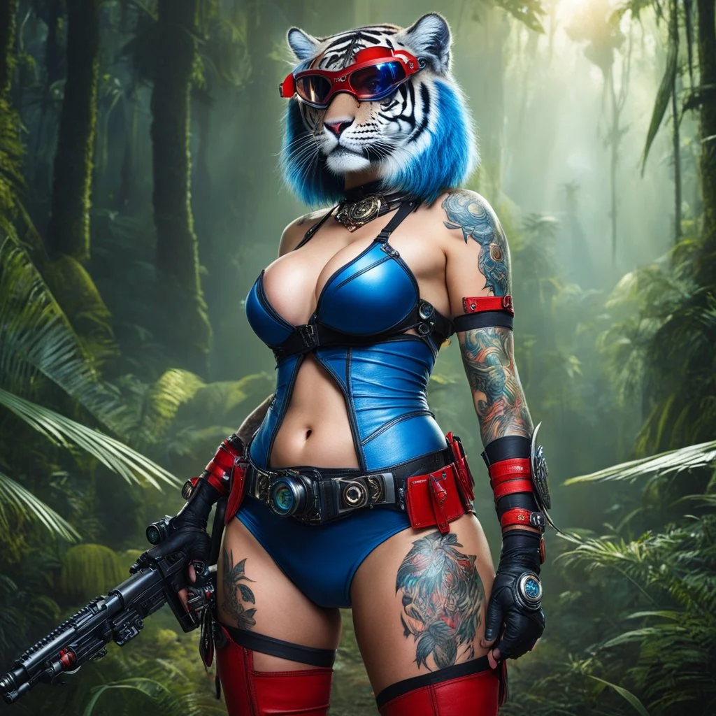 [humid jungle forest, tattoos] fat blue she female sexy_tiger alien warrior with goggles red boots and corset with ray guns