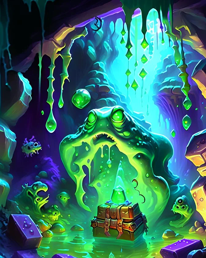 a slimy dripping gelatinous cube in vast dungeon cave room with treasure chests rpg art painterly