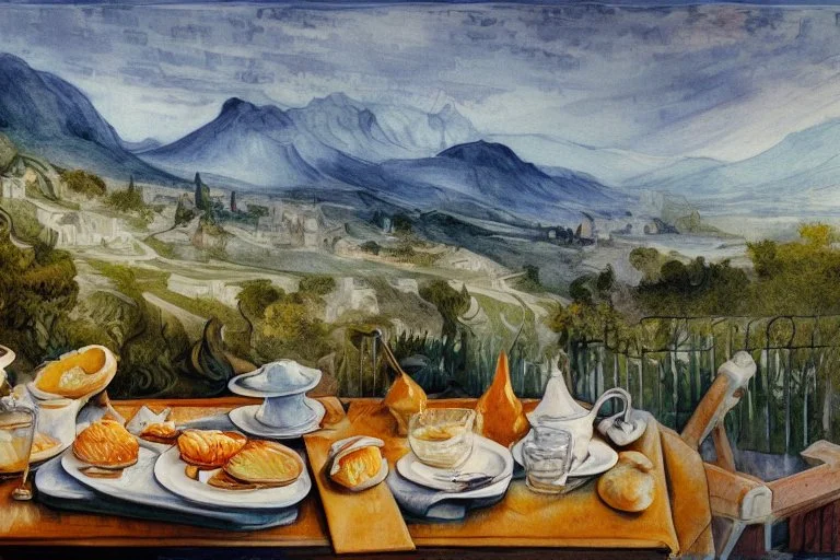 breakfast on a table on the terrace (orange juice, coffee in a cup, fruit, pastries), view of the mountains in the distance, Jean-Baptiste Monge style, surreal, a masterpiece, razor-sharp focus, dynamic lighting, watercolor and ink concept art extremely detailed psychedelic 8k beautiful high detail high definition colourful matte background Michelangelo Van Gogh colorful dramatic lighting fine art reflections whimsical National Geographic photography Alexander Archipenko Romantic Impressionism