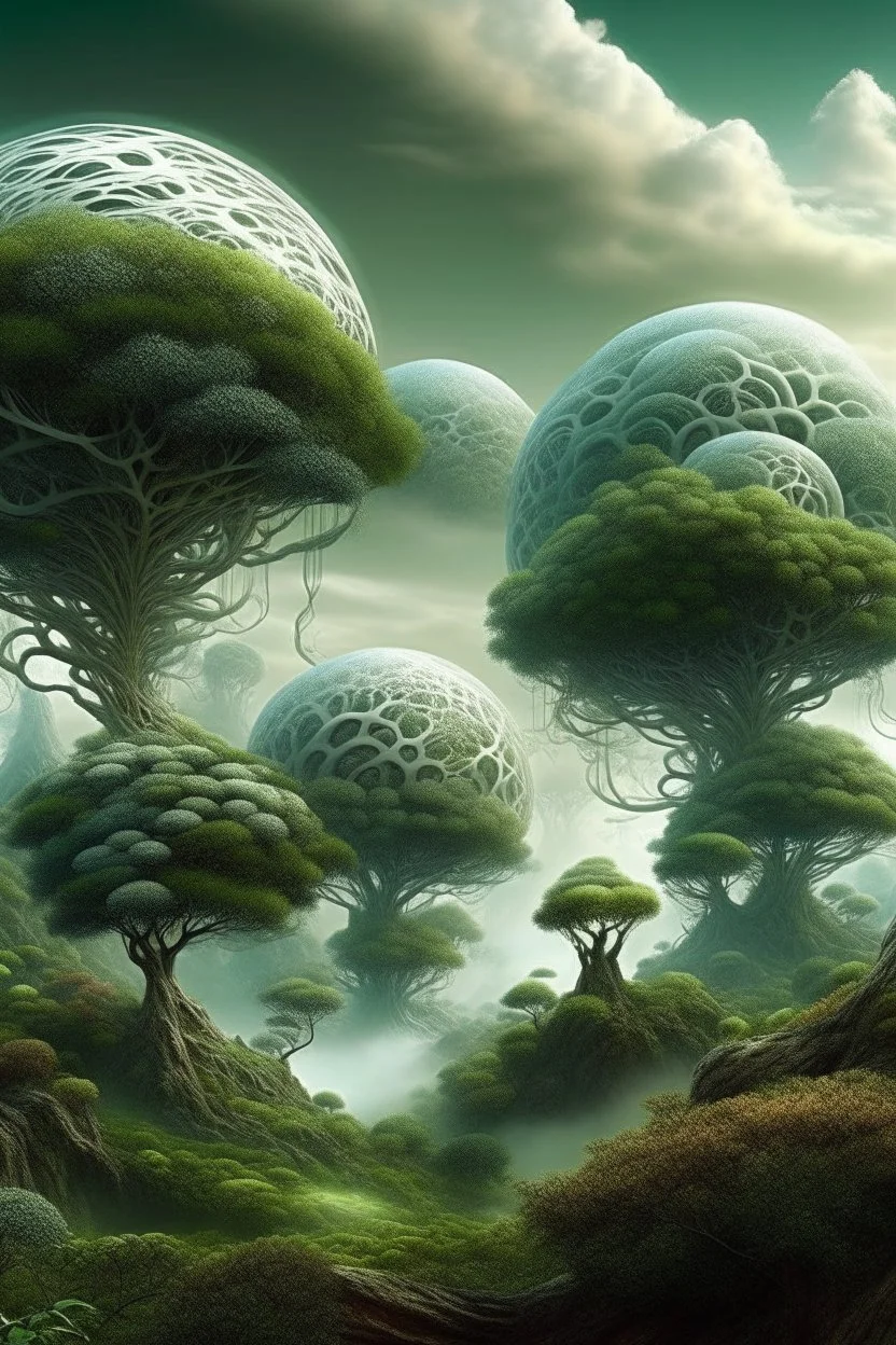 another universe we are not alone in this world interesting unusual trees vegetation and other planets are visible in space from the jungle spiral structures of the XVIII century rise into the sky, rococo, cirrus clouds, surrealism, lace and fractal electric vortex, cliffs, chorus, HD, high detail, digital painting. Multiple fantasy expositions surrealism wide background relief waves foam clouds